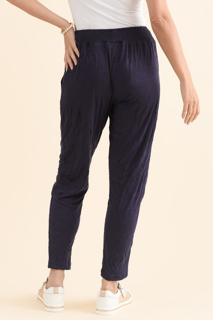 Travel No-Iron Navy Cropped Pants,Back,Brunette model,alt text|model:MJ
