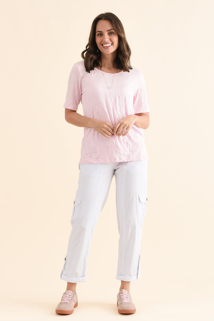 Travel No-Iron Pink Scoop Neck Top,Full Body,Brunette model,alt text|model:MJ