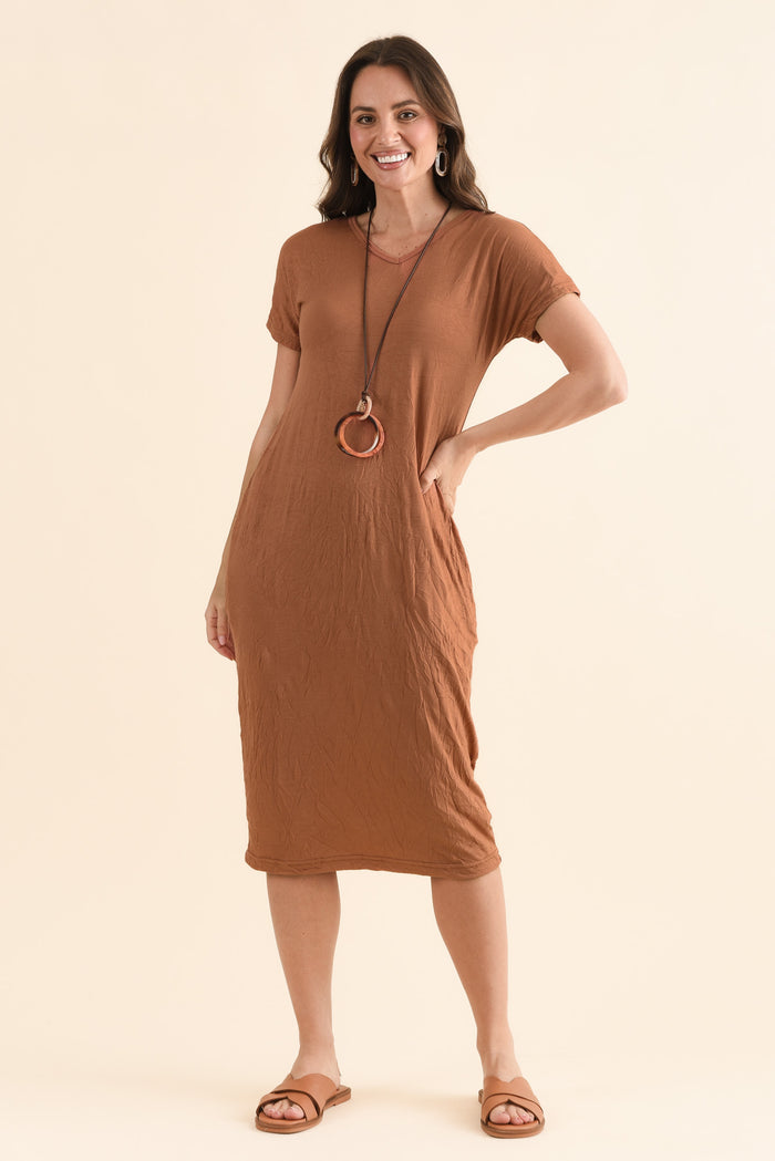 Travel No-Iron Rust Maxi Dress,Front,Brunette model,alt text|model:MJ