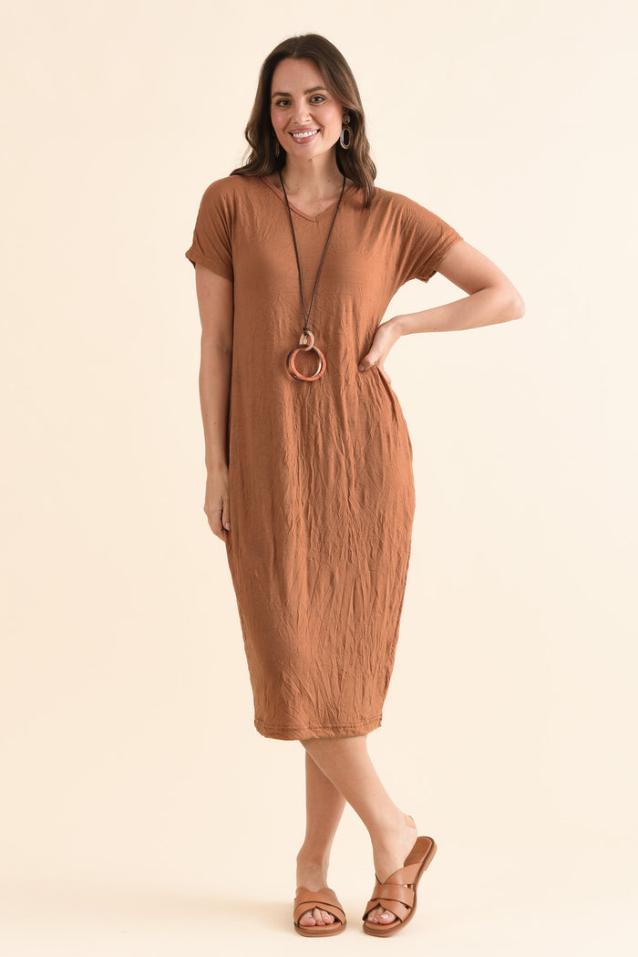 Travel No-Iron Rust Maxi Dress,Full Body,Brunette model,alt text|model:MJ