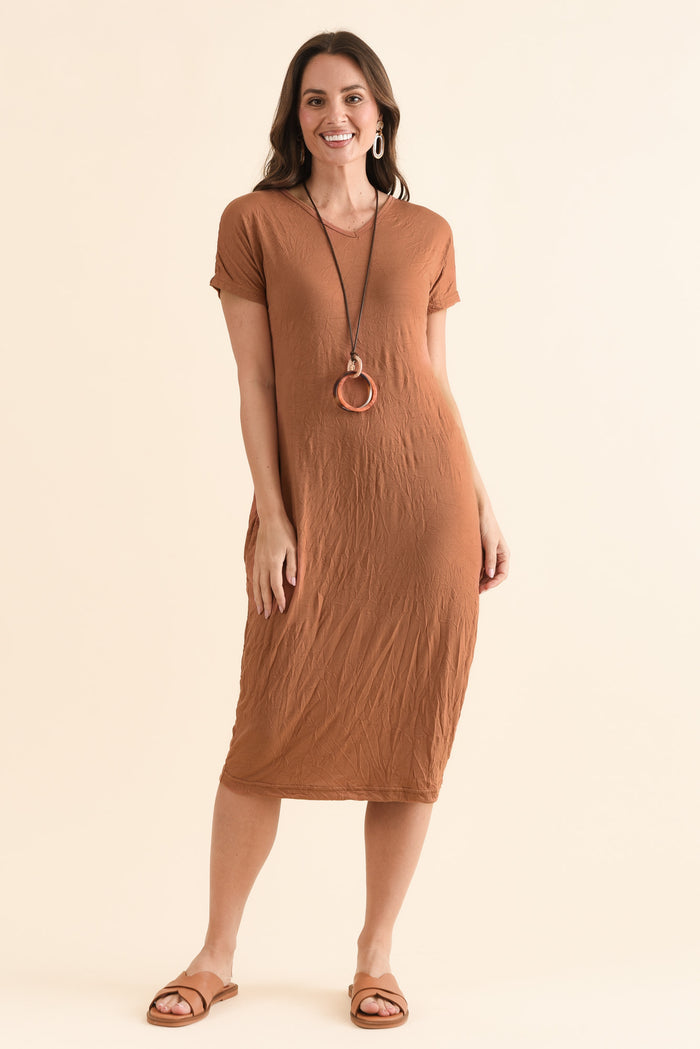 Travel No-Iron Rust Maxi Dress,Full Body,Brunette model,alt text|model:MJ