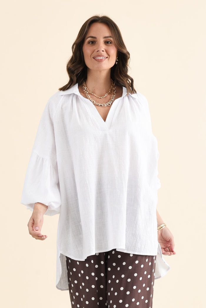 Tribeca White Cotton Collared Tunic,brunette model,Front of Outfit,alt text|model:MJ