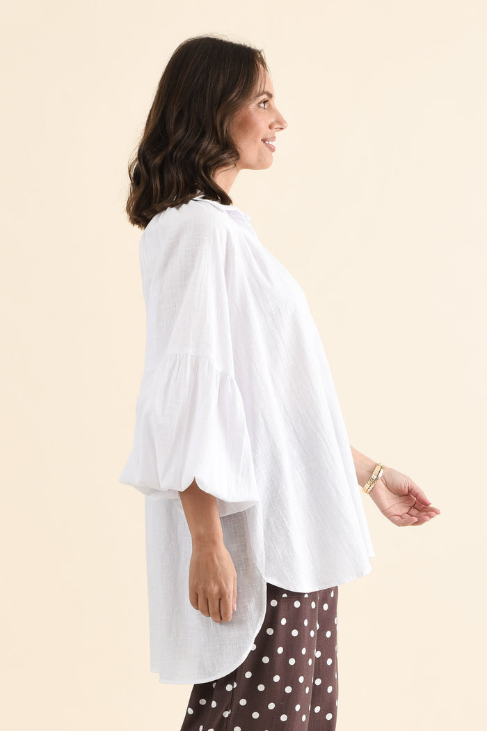Tribeca White Cotton Collared Tunic,brunette model,Side of Outfit,alt text|model:MJ