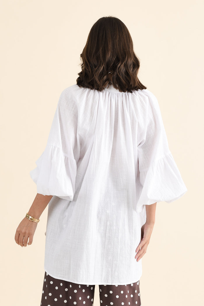 Tribeca White Cotton Collared Tunic,brunette model,Back of Outfit,alt text|model:MJ