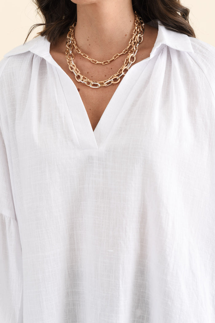 Tribeca White Cotton Collared Tunic,brunette model,Close up of outfit,alt text|model:MJ