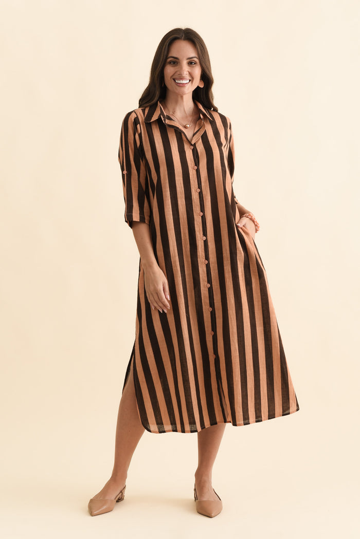 Tricia Chocolate Stripe Cotton Shirt Dress,Brunette model,alt text|model:MJ