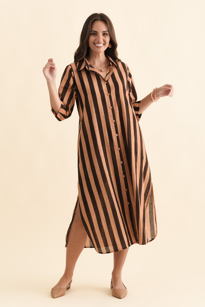 Tricia Chocolate Stripe Cotton Shirt Dress,Brunette model,alt text|model:MJ