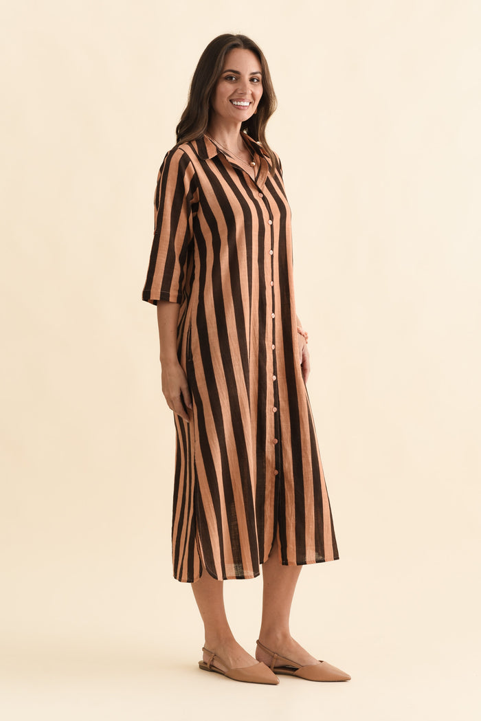 Tricia Chocolate Stripe Cotton Shirt Dress,Brunette model,alt text|model:MJ