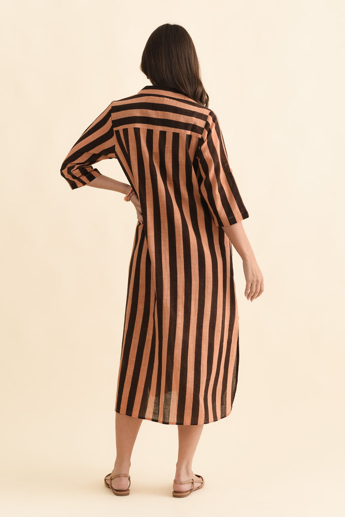 Tricia Chocolate Stripe Cotton Shirt Dress,Brunette model,alt text|model:MJ