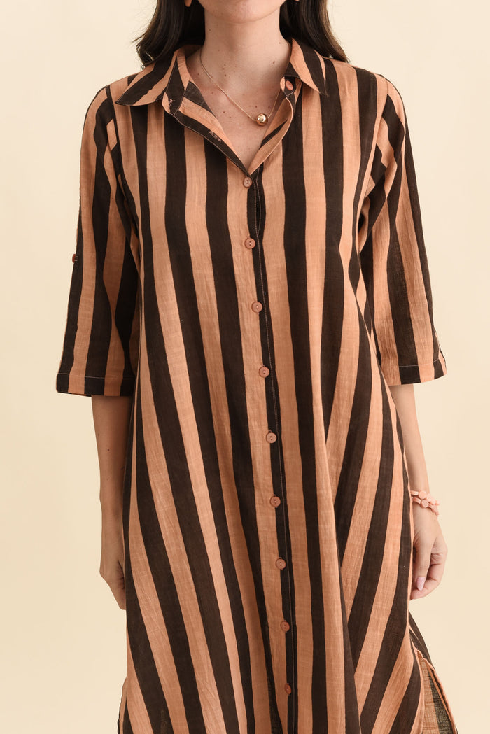 Tricia Chocolate Stripe Cotton Shirt Dress,Brunette model,alt text|model:MJ