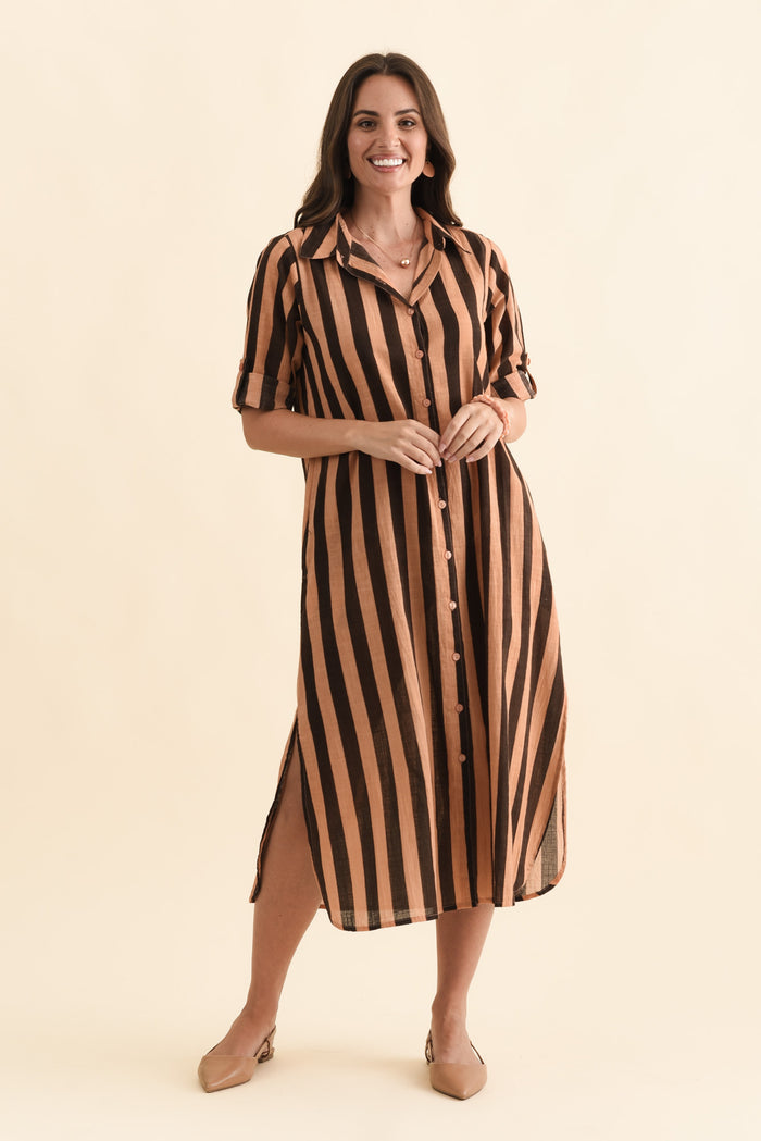 Tricia Chocolate Stripe Cotton Shirt Dress,Brunette model,alt text|model:MJ