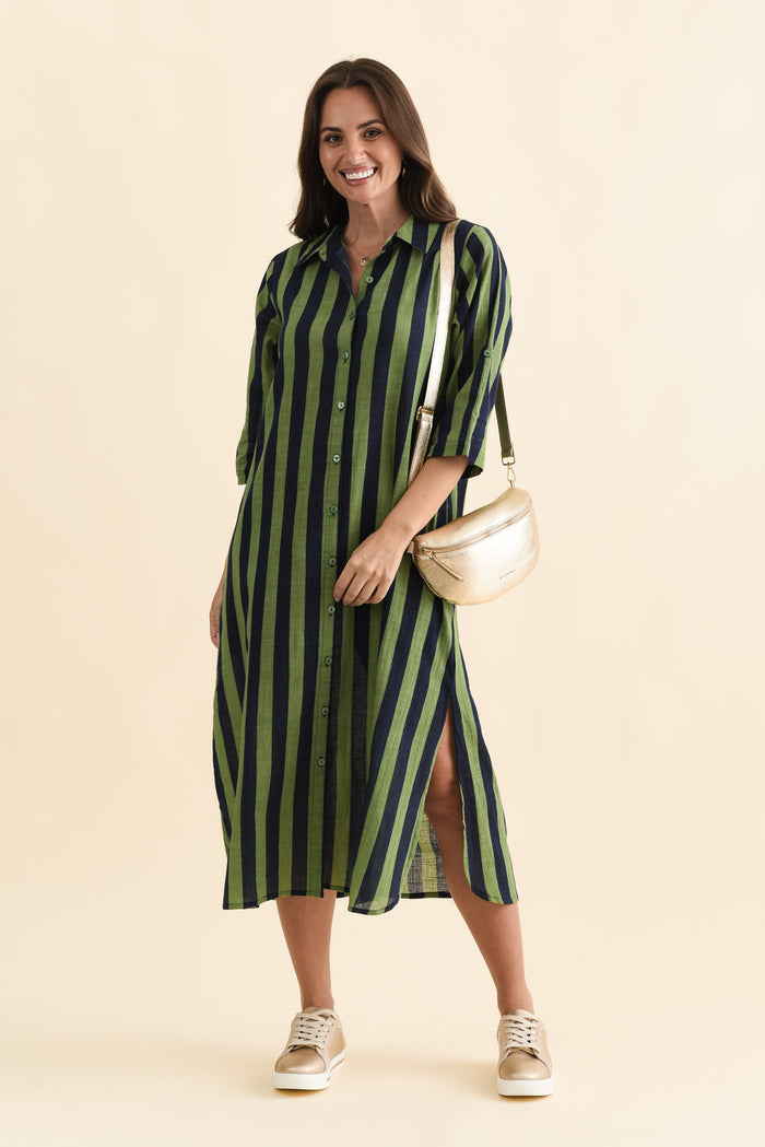 Tricia Indigo Stripe Cotton Shirt Dress,Brunette model,alt text|model:MJ