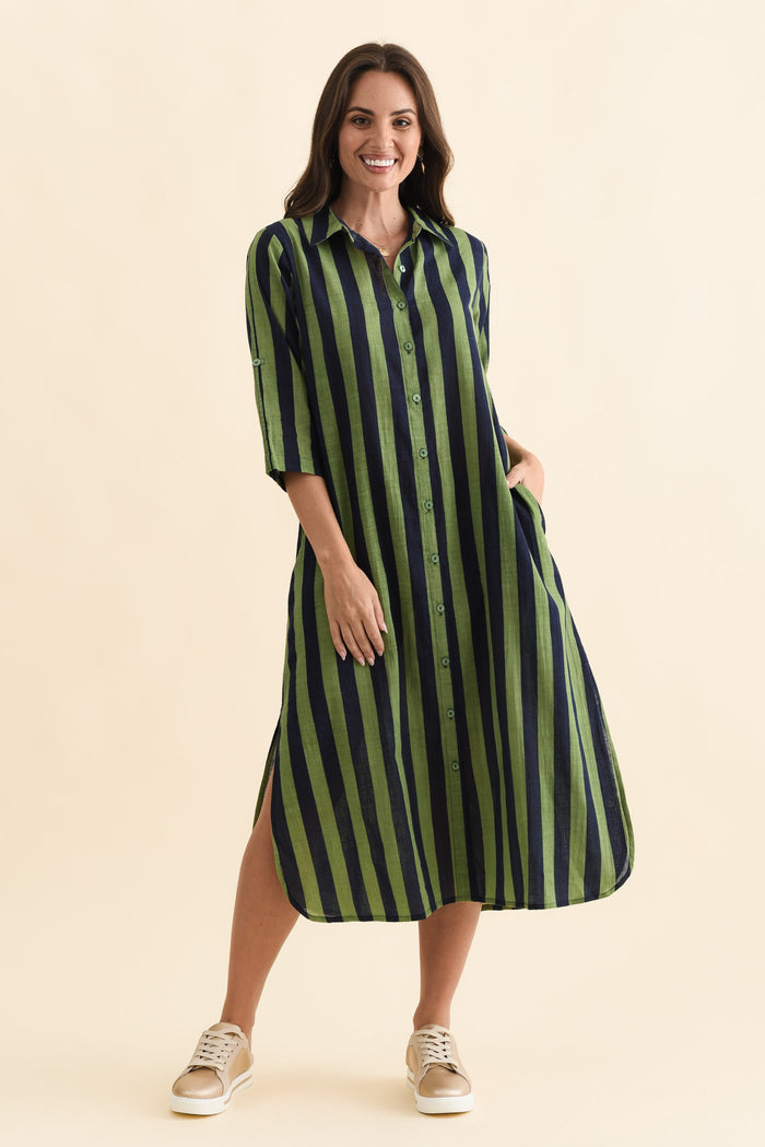Tricia Indigo Stripe Cotton Shirt Dress,Brunette model,alt text|model:MJ