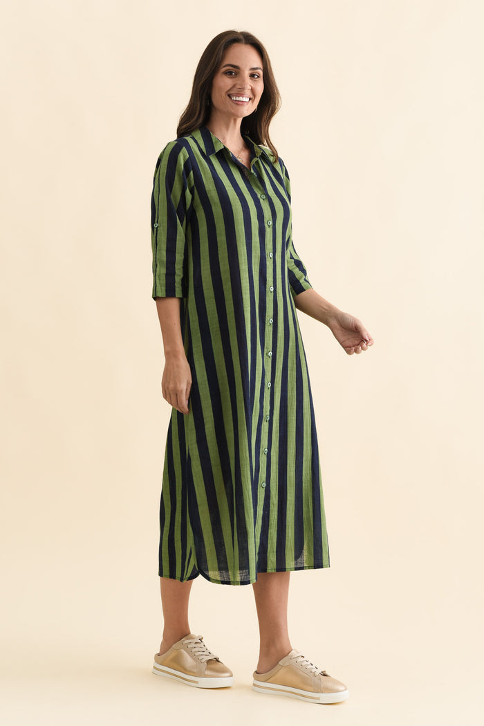 Tricia Indigo Stripe Cotton Shirt Dress,Brunette model,alt text|model:MJ