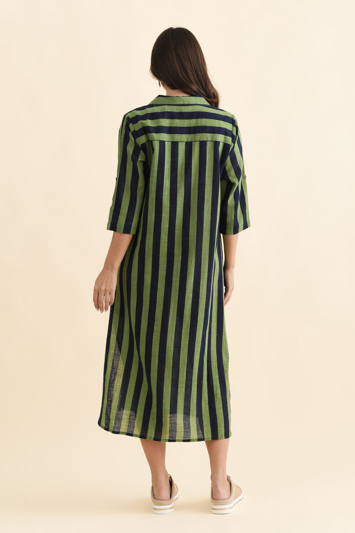 Tricia Indigo Stripe Cotton Shirt Dress,Brunette model,alt text|model:MJ