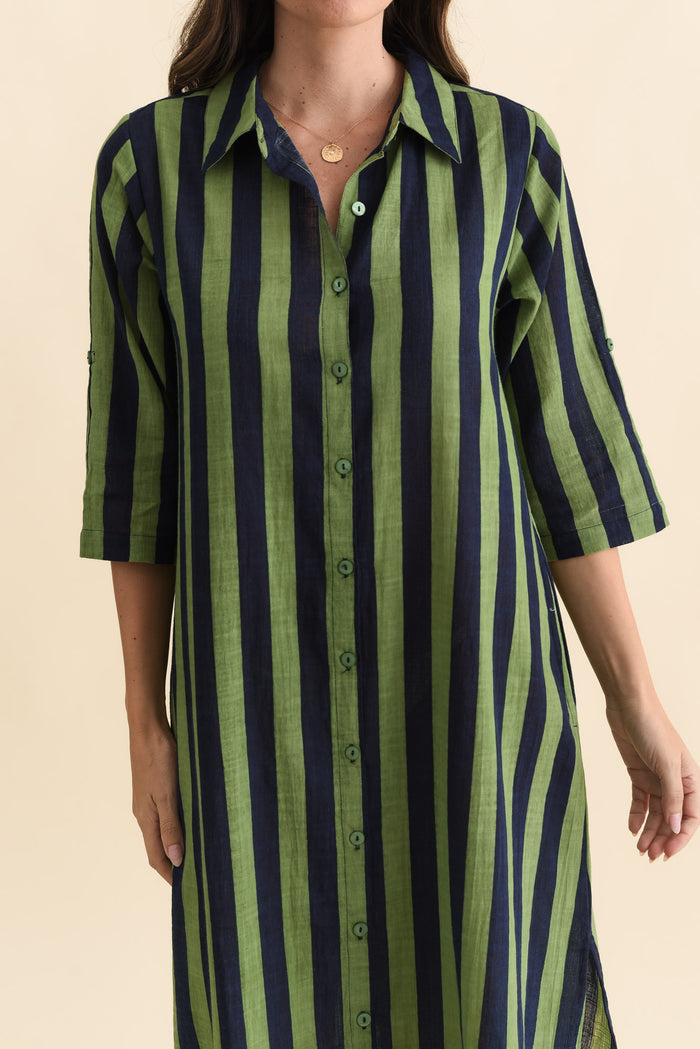 Tricia Indigo Stripe Cotton Shirt Dress,Brunette model,alt text|model:MJ