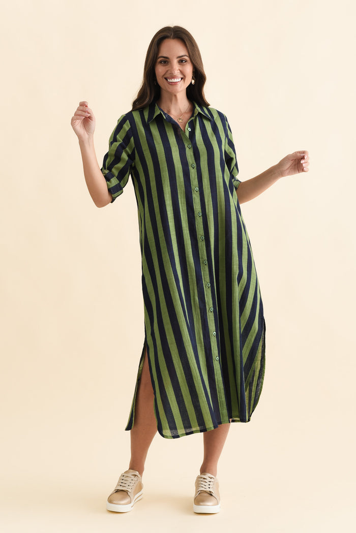 Tricia Indigo Stripe Cotton Shirt Dress,Brunette model,alt text|model:MJ