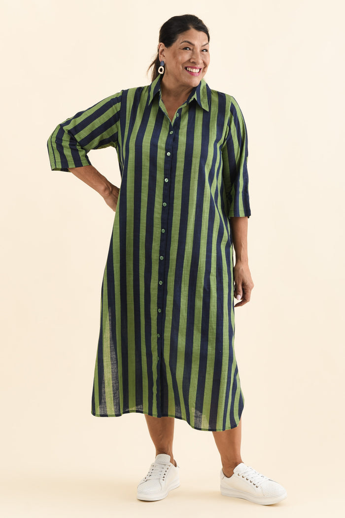 Tricia Indigo Stripe Cotton Shirt Dress,Brunette model,alt text|model:Pilita