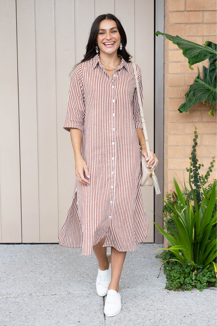 Tricia Mocha Stripe Cotton Shirt Dress,Lifestyle