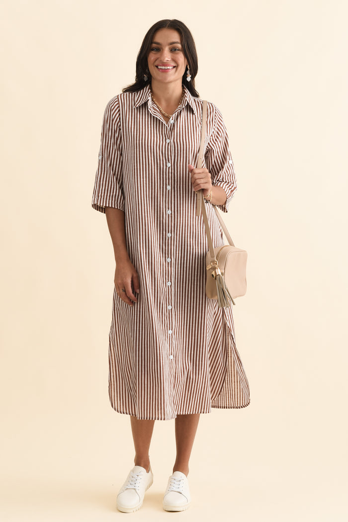 Tricia Mocha Stripe Cotton Shirt Dress,Brunette model,alt text|model:Brontie