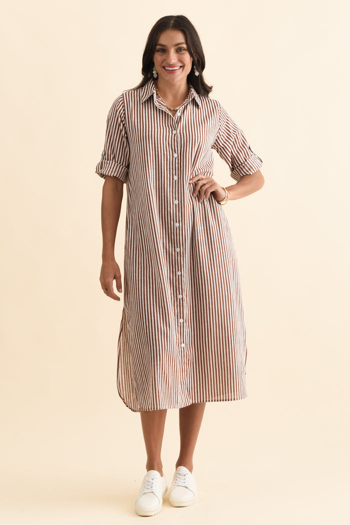 Tricia Mocha Stripe Cotton Shirt Dress,Brunette model,alt text|model:Brontie