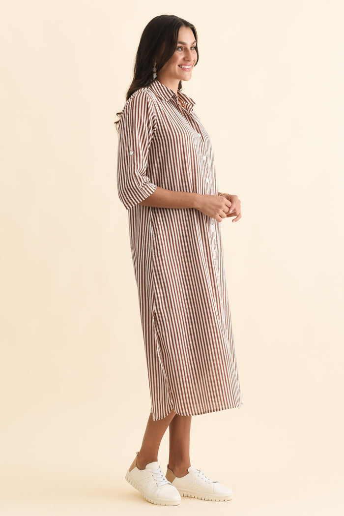 Tricia Mocha Stripe Cotton Shirt Dress,Brunette model,alt text|model:Brontie