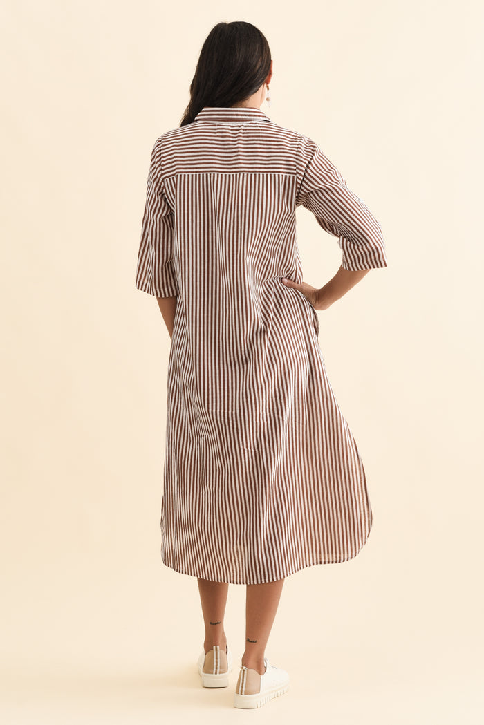 Tricia Mocha Stripe Cotton Shirt Dress,Brunette model,alt text|model:Brontie
