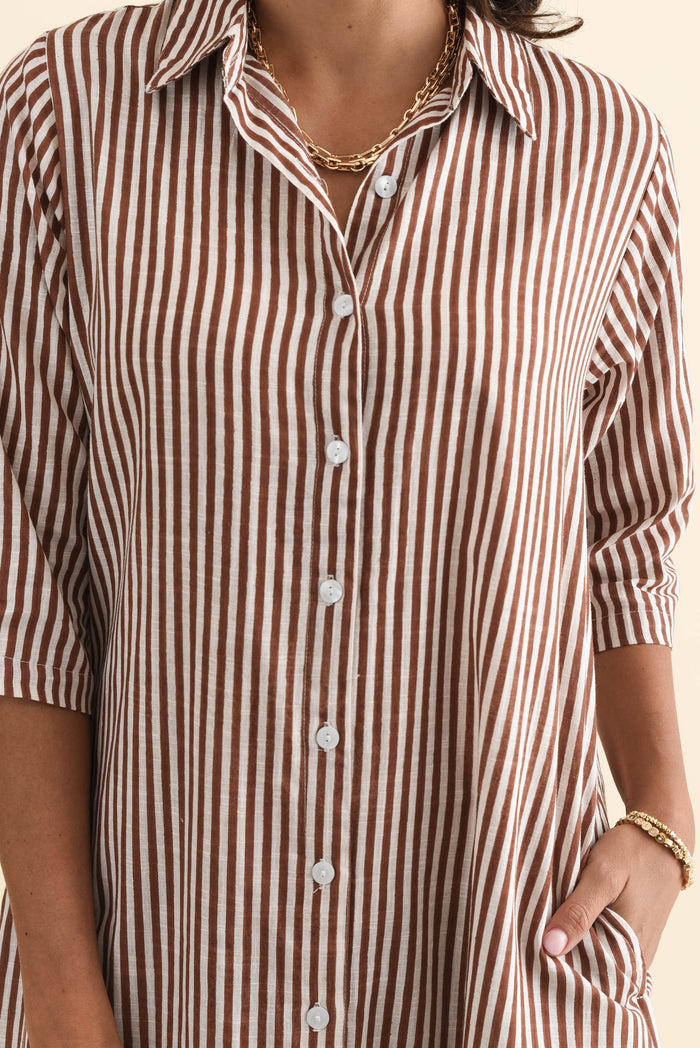 Tricia Mocha Stripe Cotton Shirt Dress,Brunette model,alt text|model:Brontie