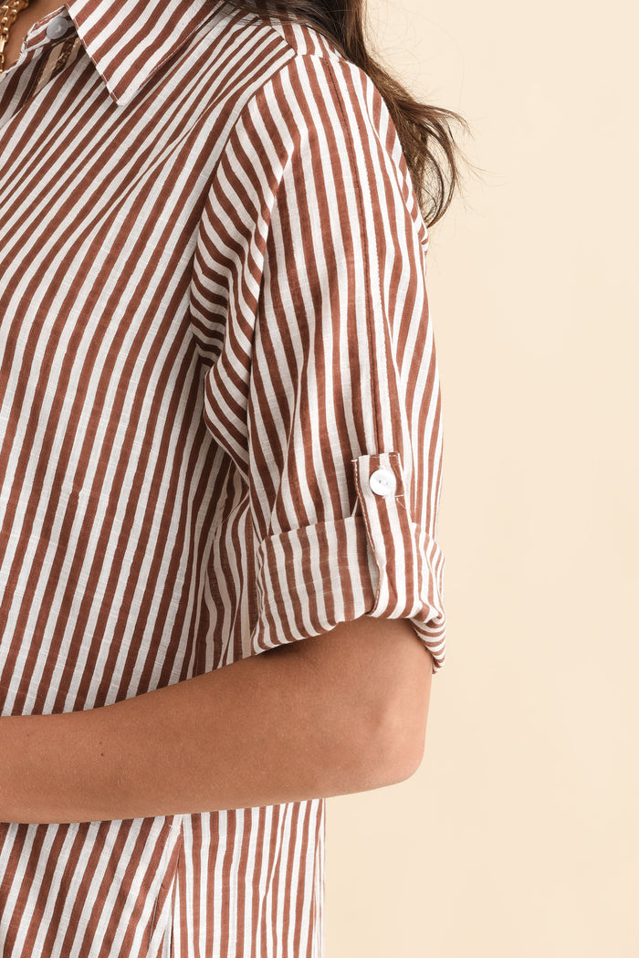 Tricia Mocha Stripe Cotton Shirt Dress,Brunette model,alt text|model:Brontie