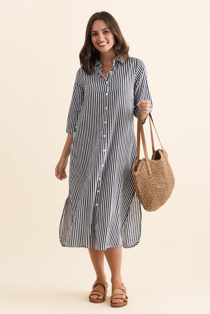 Tricia Navy Stripe Cotton Shirt Dress,Lifestyle