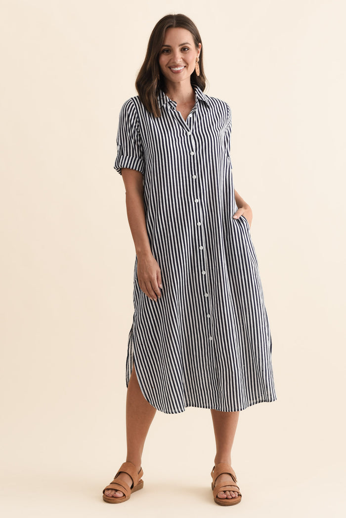 Tricia Navy Stripe Cotton Shirt Dress,Brunette model,alt text|model:MJ