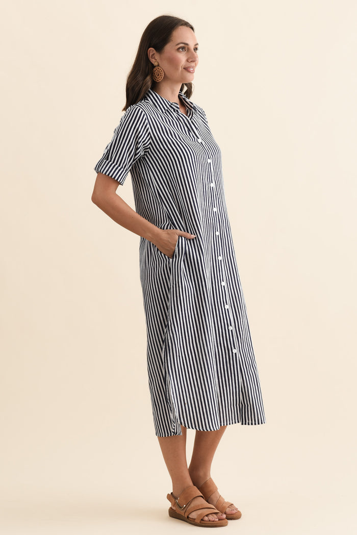 Tricia Navy Stripe Cotton Shirt Dress,Brunette model,alt text|model:MJ