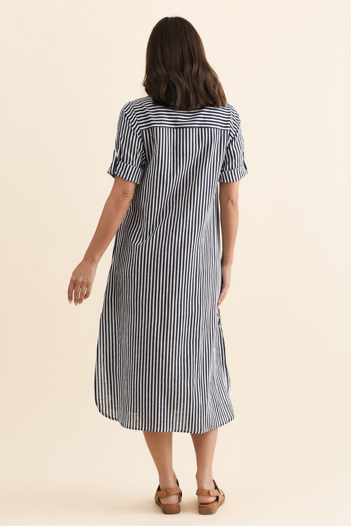Tricia Navy Stripe Cotton Shirt Dress,Brunette model,alt text|model:MJ