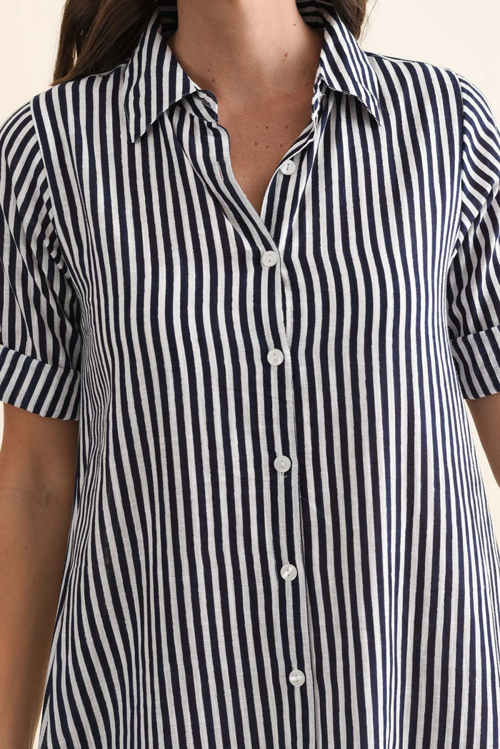 Tricia Navy Stripe Cotton Shirt Dress,Brunette model,alt text|model:MJ