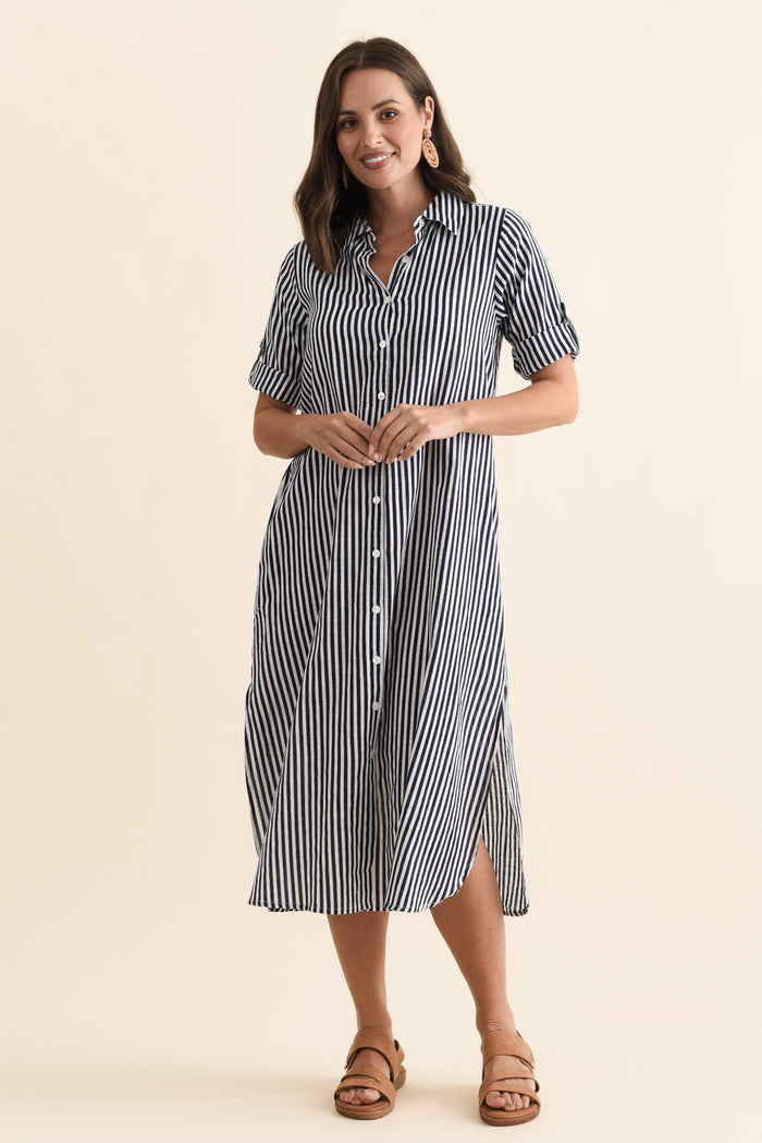 Tricia Navy Stripe Cotton Shirt Dress,Brunette model,alt text|model:MJ