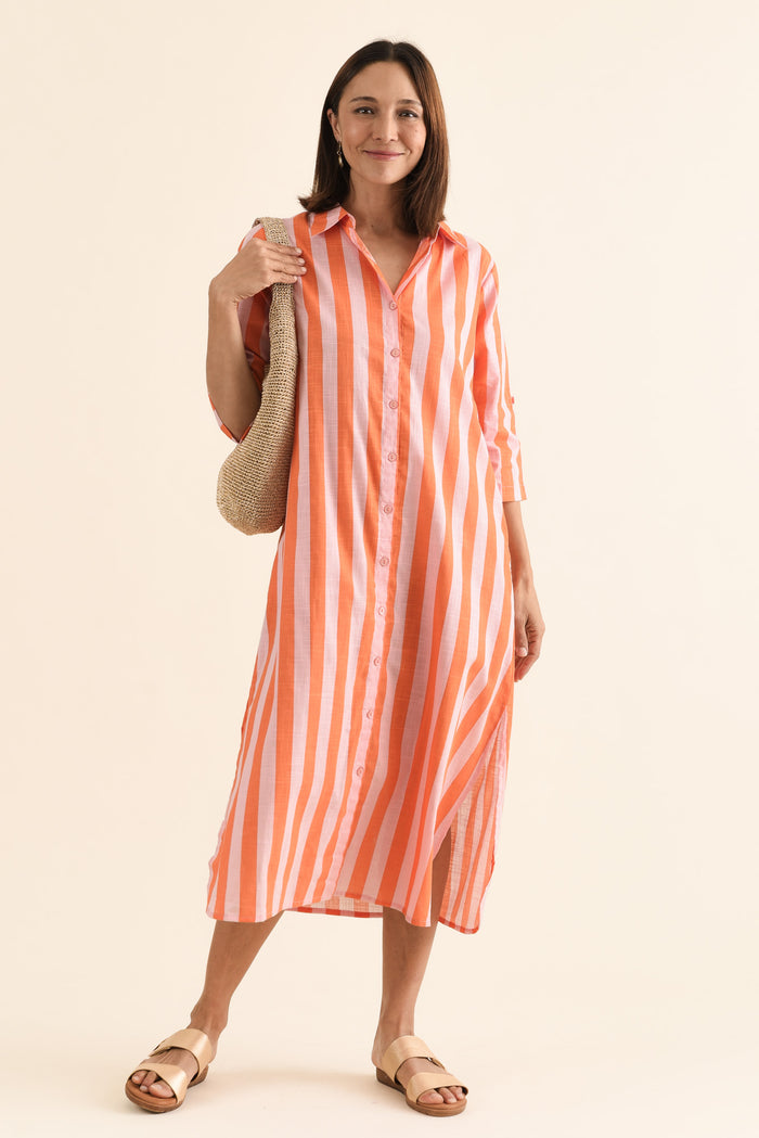 Tricia Orange Stripe Cotton Shirt Dress,Front,Brunette model,alt text|model:Cara