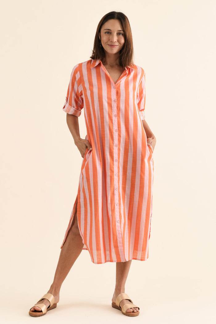 Tricia Orange Stripe Cotton Shirt Dress,Full Body,Brunette model,alt text|model:Cara