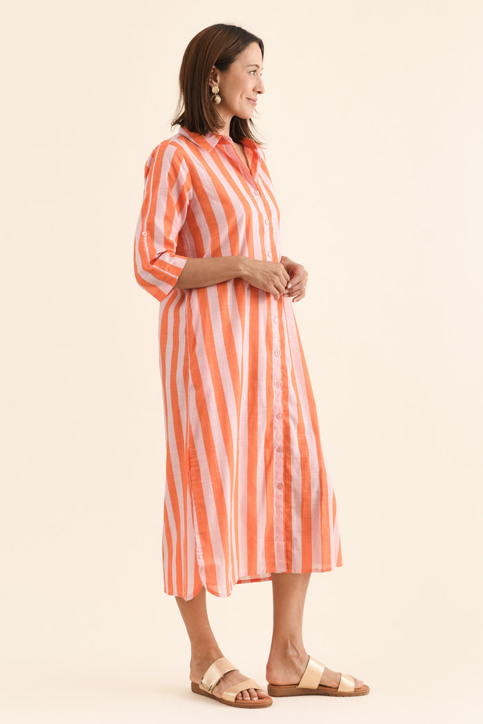 Tricia Orange Stripe Cotton Shirt Dress,Side,Brunette model,alt text|model:Cara