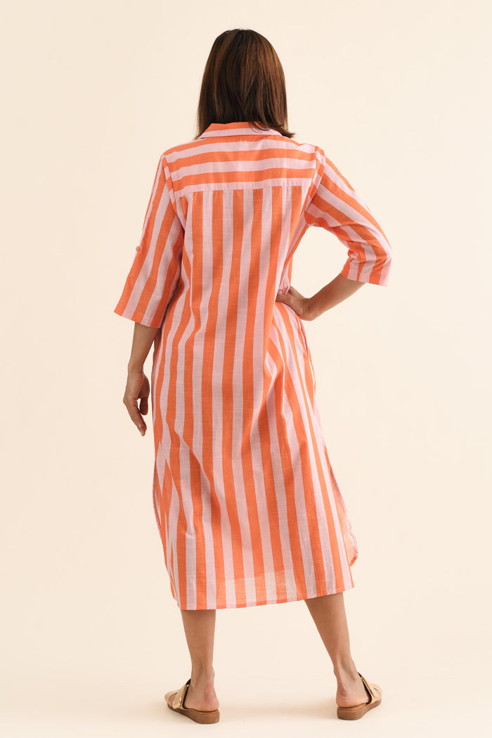 Tricia Orange Stripe Cotton Shirt Dress,Back,Brunette model,alt text|model:Cara