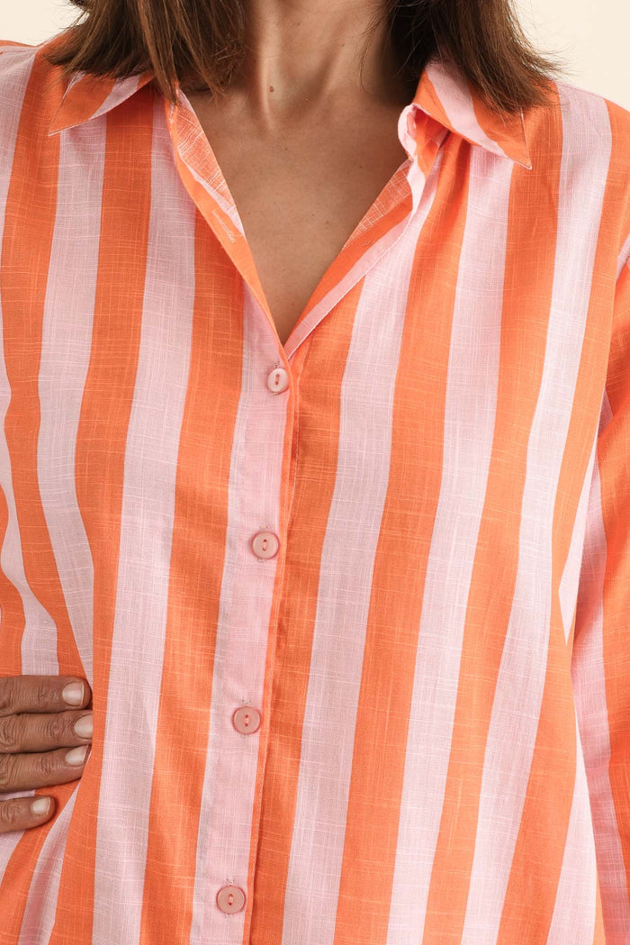 Tricia Orange Stripe Cotton Shirt Dress,Detail,Brunette model,alt text|model:Cara