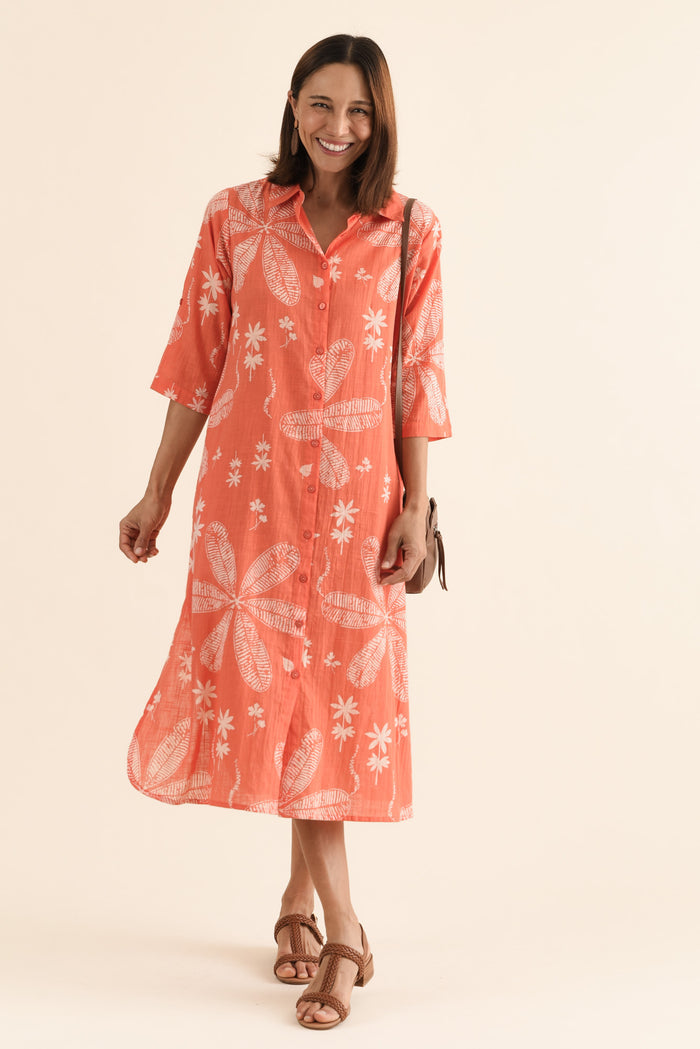 Tricia Peach Flower Cotton Shirt Dress,Front,Brunette model,alt text|model:Cara