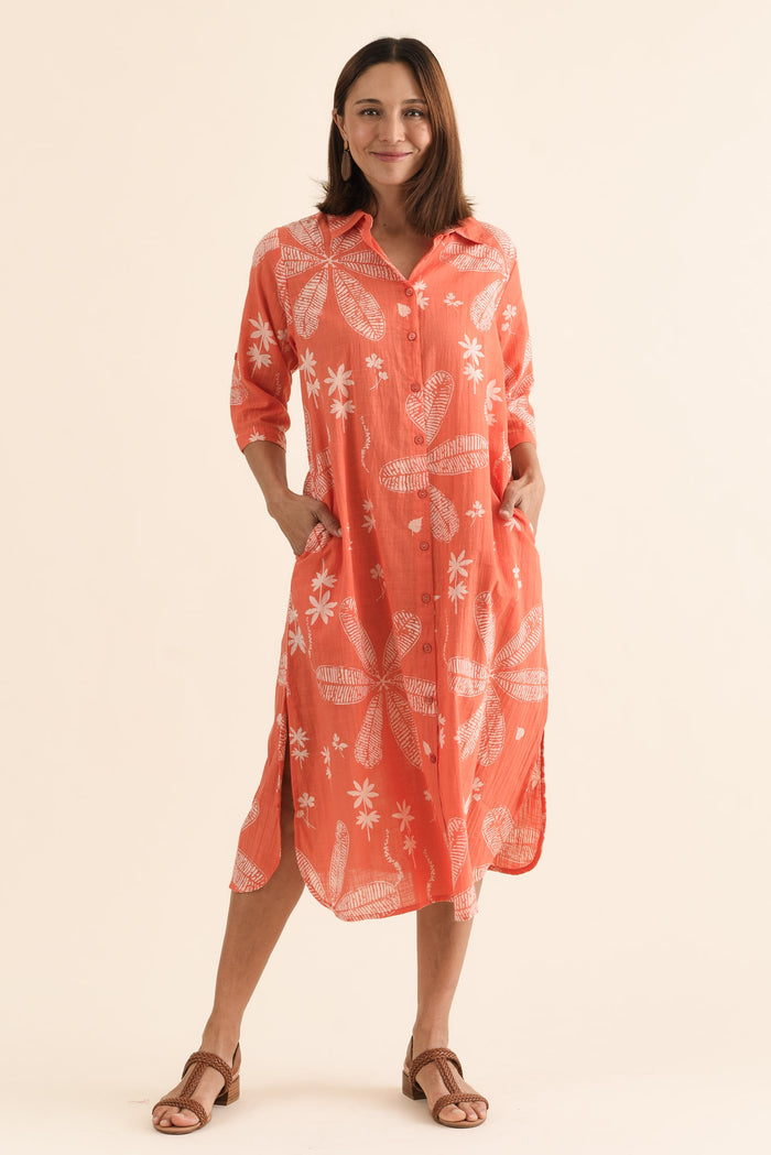 Tricia Peach Flower Cotton Shirt Dress,Full Body,Brunette model,alt text|model:Cara