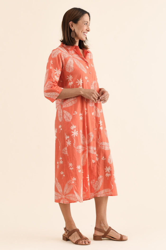 Tricia Peach Flower Cotton Shirt Dress,Side,Brunette model,alt text|model:Cara