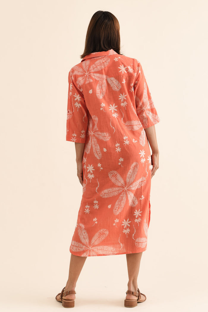Tricia Peach Flower Cotton Shirt Dress,Back,Brunette model,alt text|model:Cara