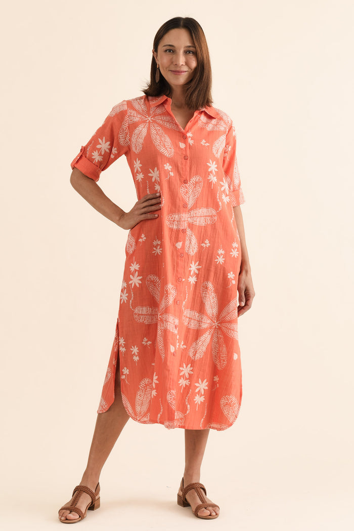 Tricia Peach Flower Cotton Shirt Dress,Full Body,Brunette model,alt text|model:Cara