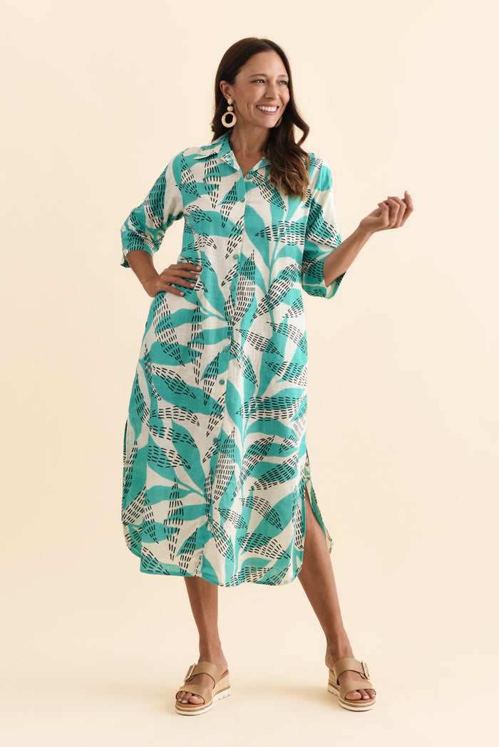 Tricia Teal Fern Cotton Shirt Dress,Brunette model,alt text|model:Cara