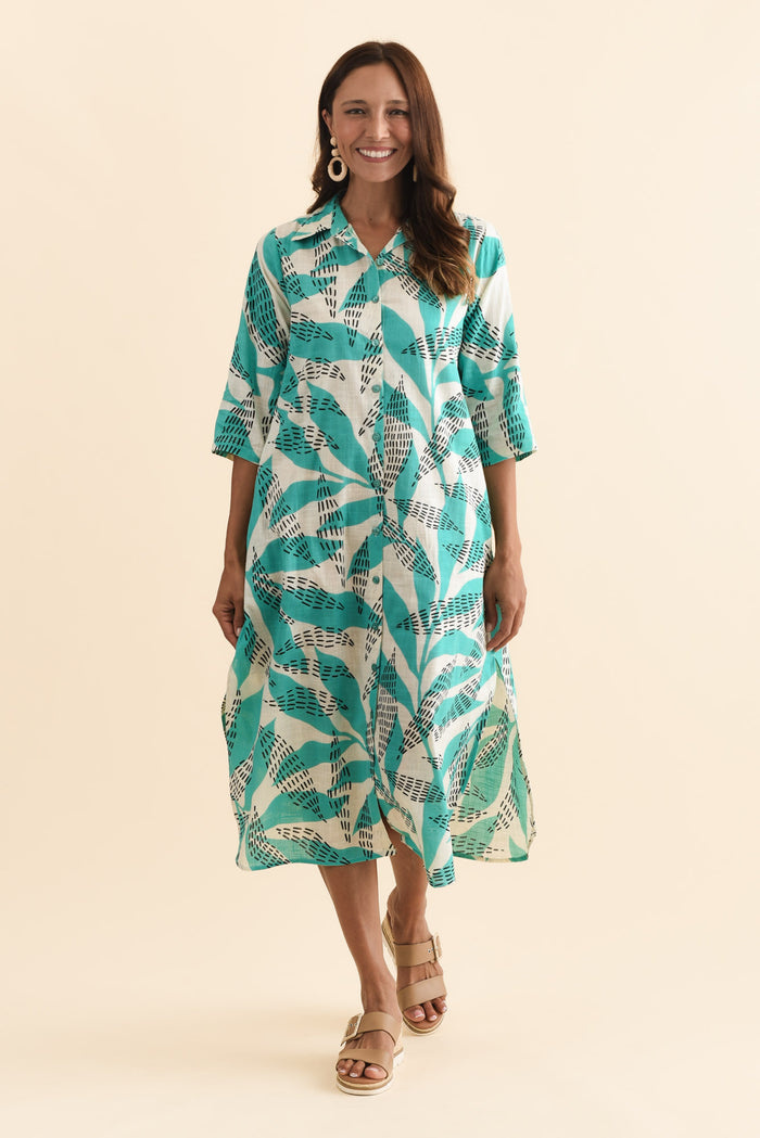 Tricia Teal Fern Cotton Shirt Dress,Brunette model,alt text|model:Cara