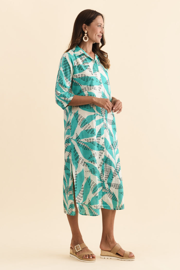 Tricia Teal Fern Cotton Shirt Dress,Brunette model,alt text|model:Cara
