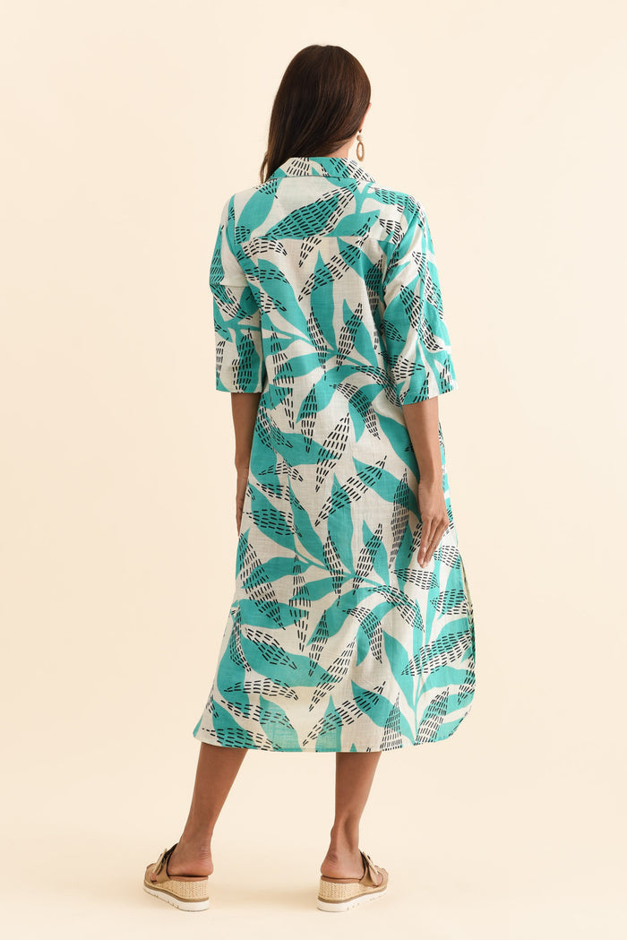 Tricia Teal Fern Cotton Shirt Dress,Brunette model,alt text|model:Cara