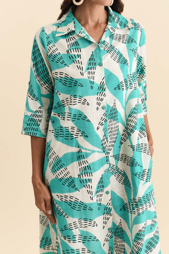 Tricia Teal Fern Cotton Shirt Dress,Brunette model,alt text|model:Cara